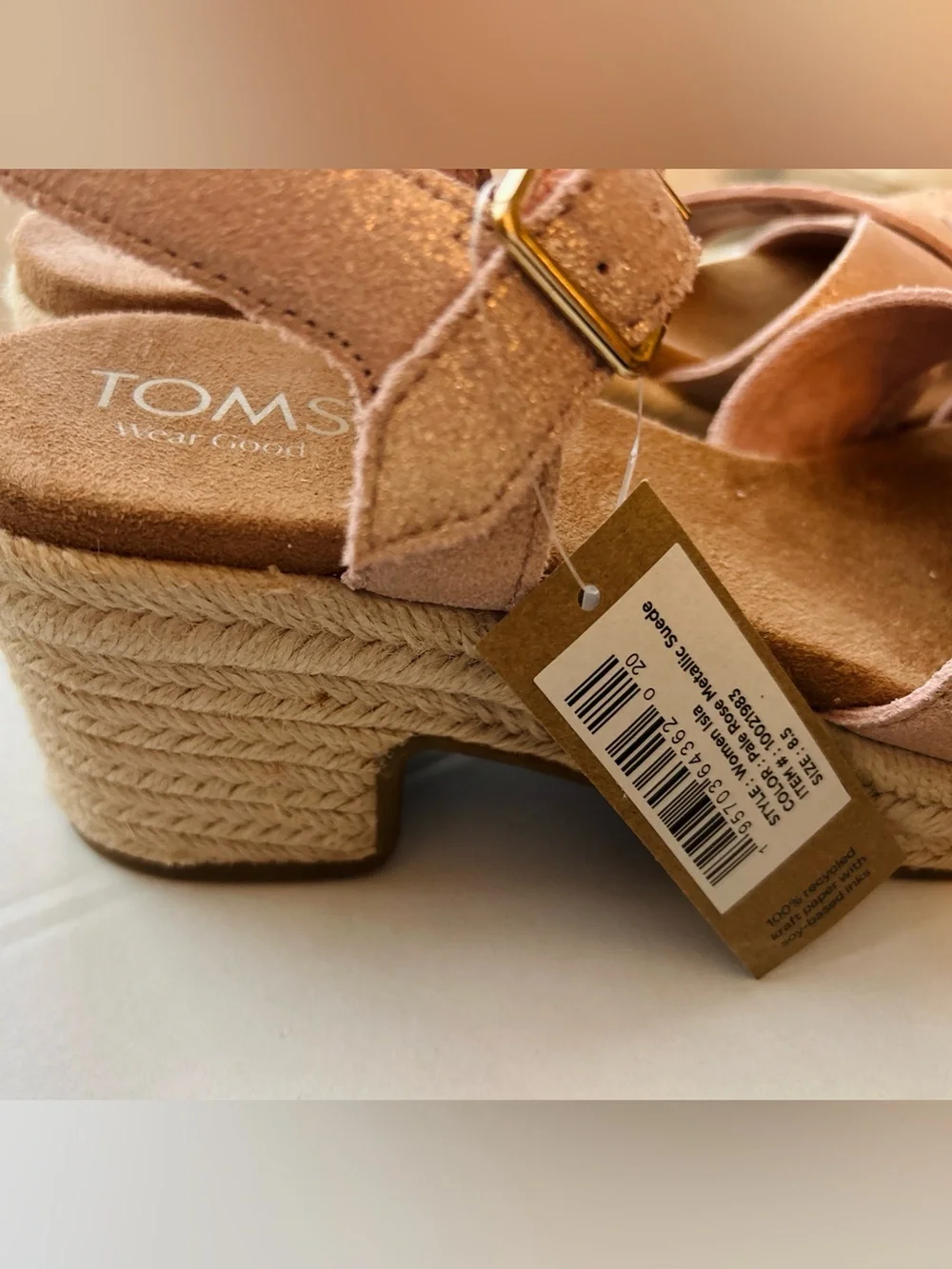 NWT TOMS Isla Pale Rose Metallic Suede Espadrille Platform Sandals 8.5